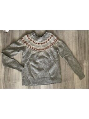 WoolOvers Lambswool Crewneck Sweater Gray Leaves Trees Pullover Women's Sz S